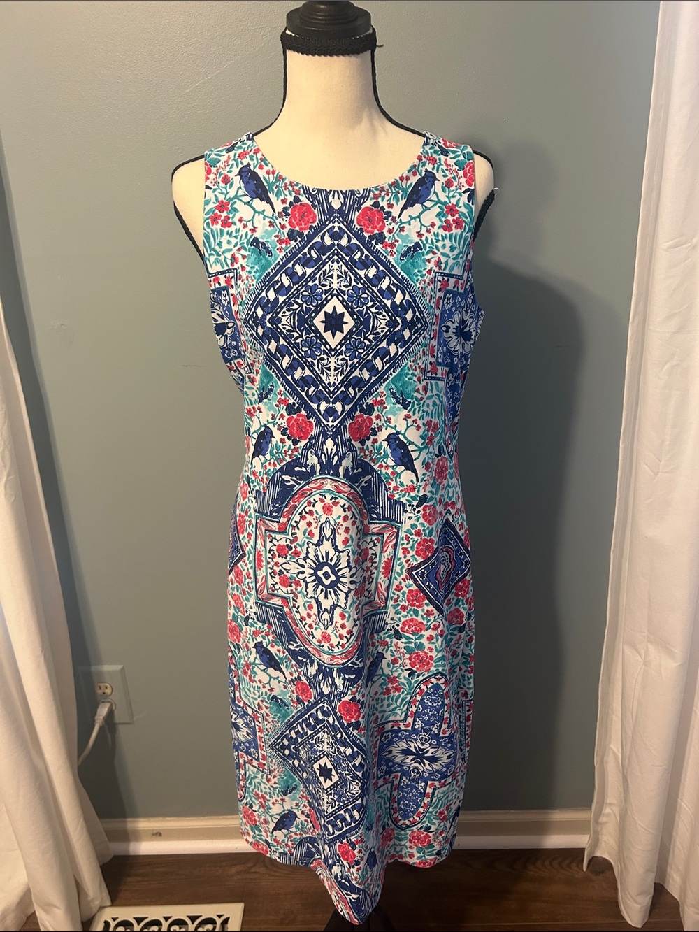 Charter Club Sleeveless Midi Dress in Blue, Teal & Pink Medallion Print